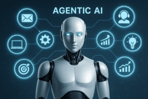 Futuristic-robot-with-glowing-icons-representing-AI-features-like-customer-support,-growth-and-analytics